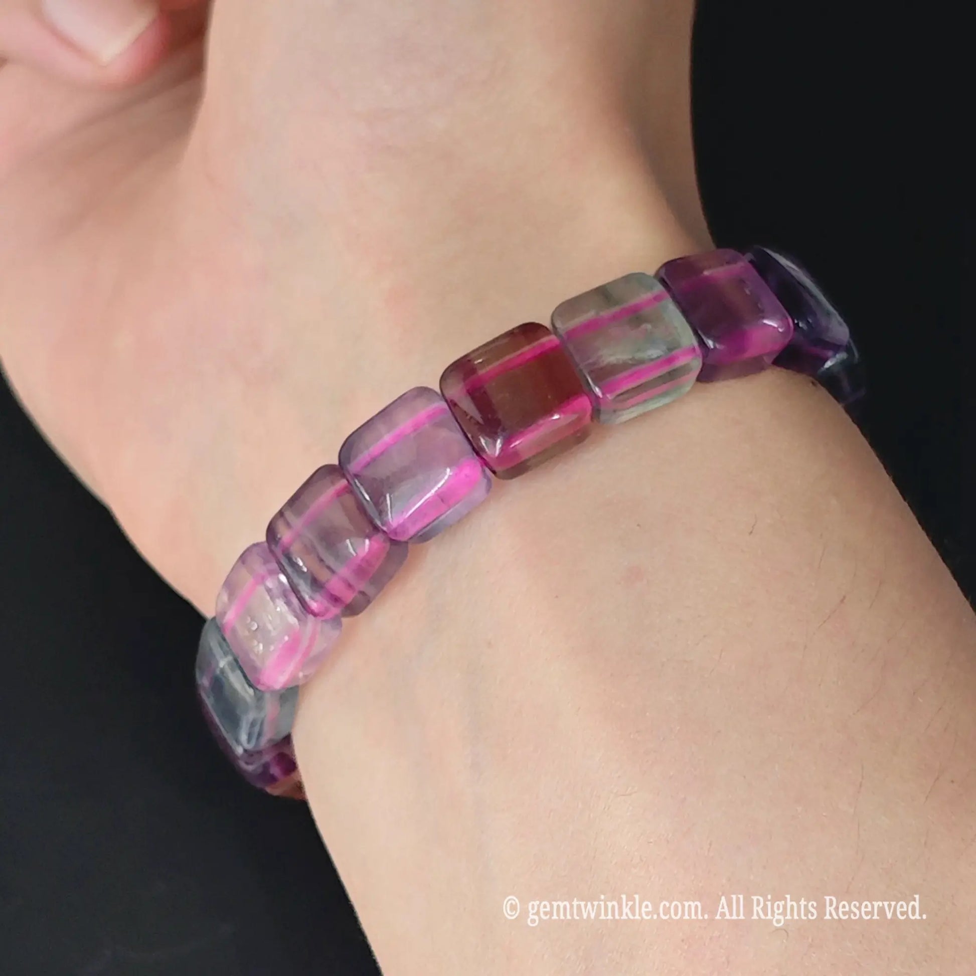11mm purple fluorite square cube bead stretch bangle worn on wrist
