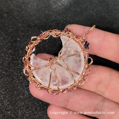 Back view of metal alloy wire wrapped natural quartz half moon stone showing natural ice crackles