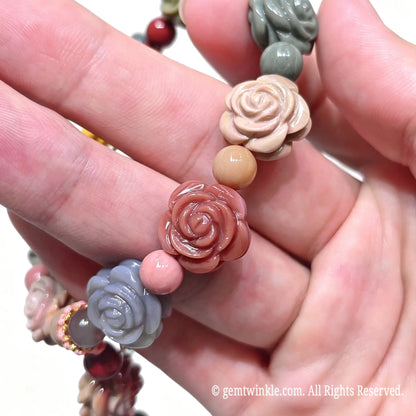 Detailed layout of colorful Gobi desert agate rose bracelet with dangle flower tassel