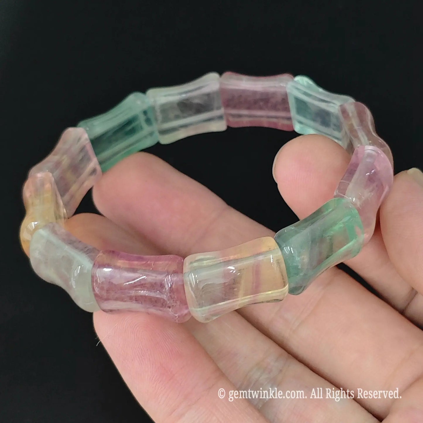 17cm womens size rainbow fluorite carved bamboo bead bangle bracelet in hand