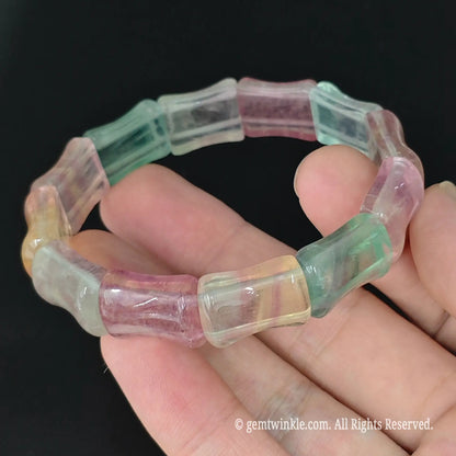 17cm womens size rainbow fluorite carved bamboo bead bangle bracelet in hand
