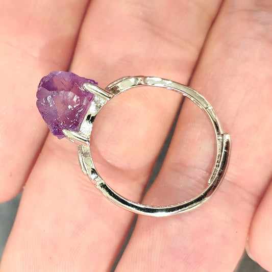 Silver-tone metal alloy adjustable ring mounted with raw natural amethyst rough crystal chunk