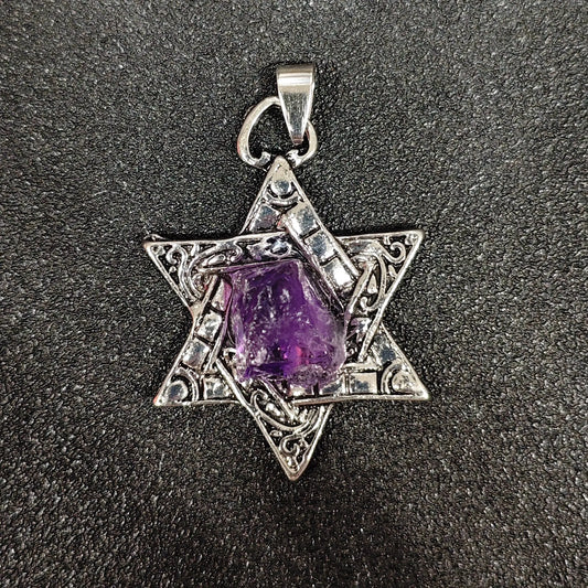 Antique pewter-tone metal alloy six pointed star hexagram pendant with raw natural amethyst nugget