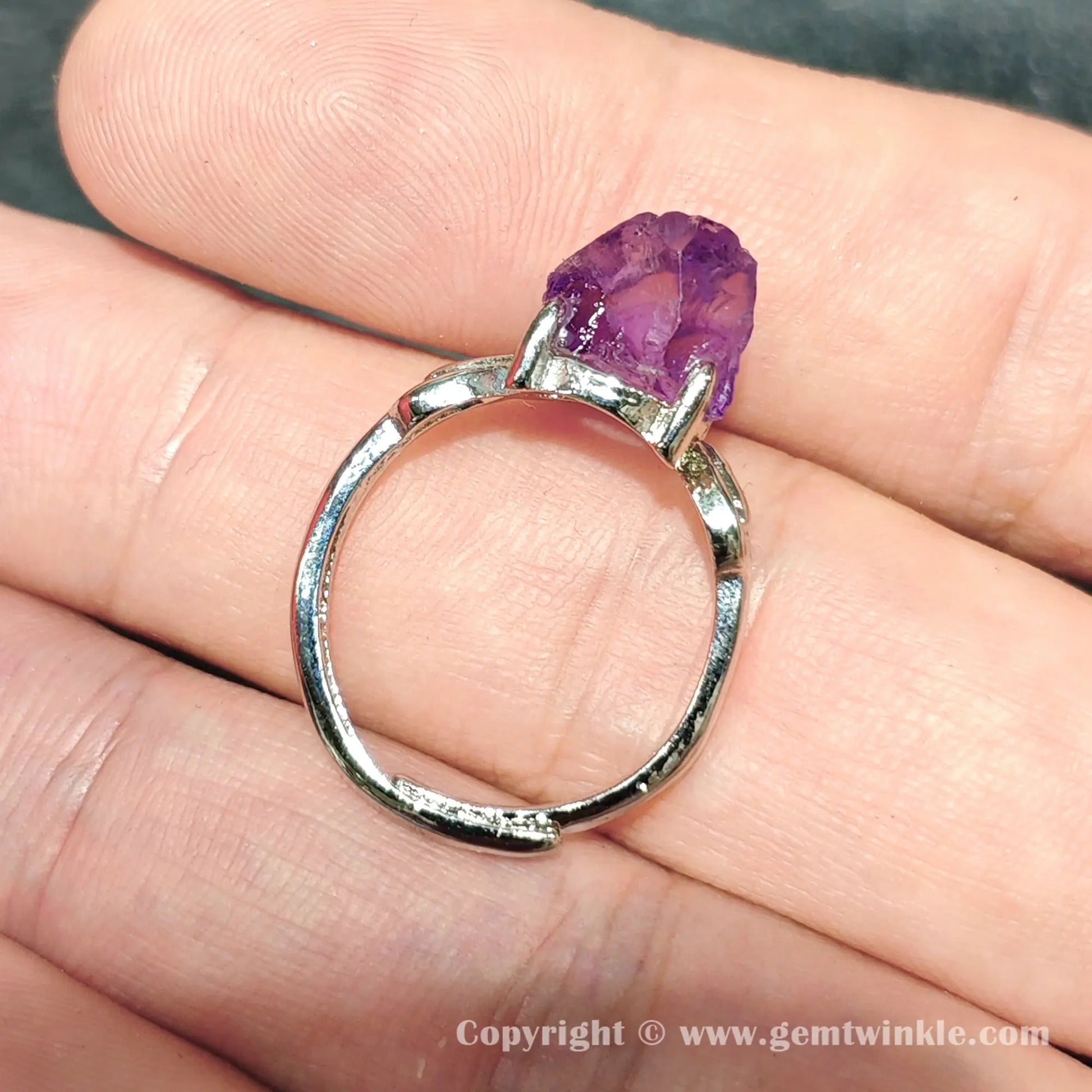 Top view preview of raw amethyst nugget adjustable metal alloy ring showcasing natural inclusions