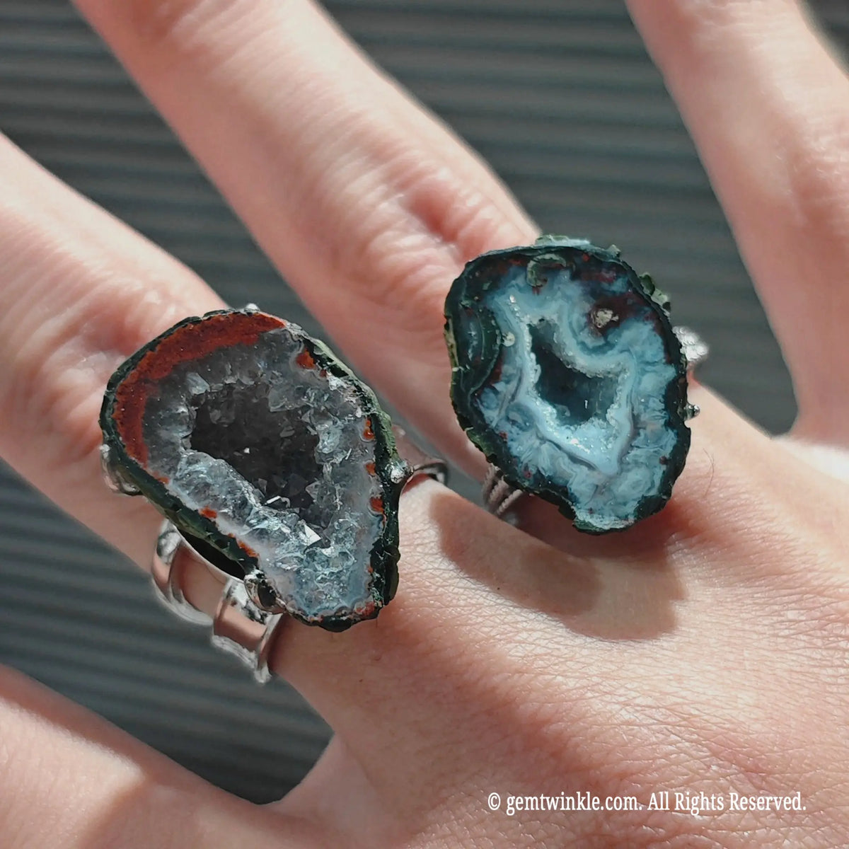 raw druzy agate ring showing adjustable silver band construction and natural rock backing