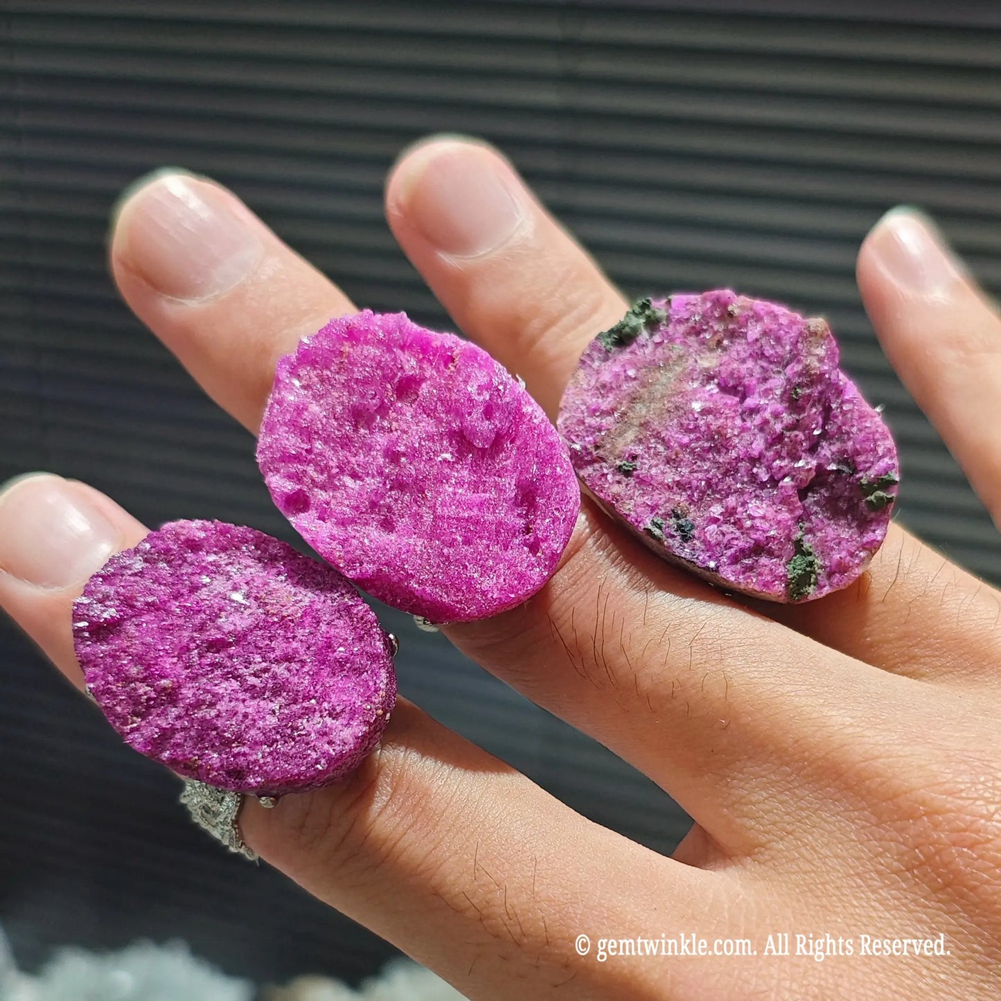 raw pink cobaltoan calcite crystal slab rings showcasing natural matrix inclusions and sparkle
