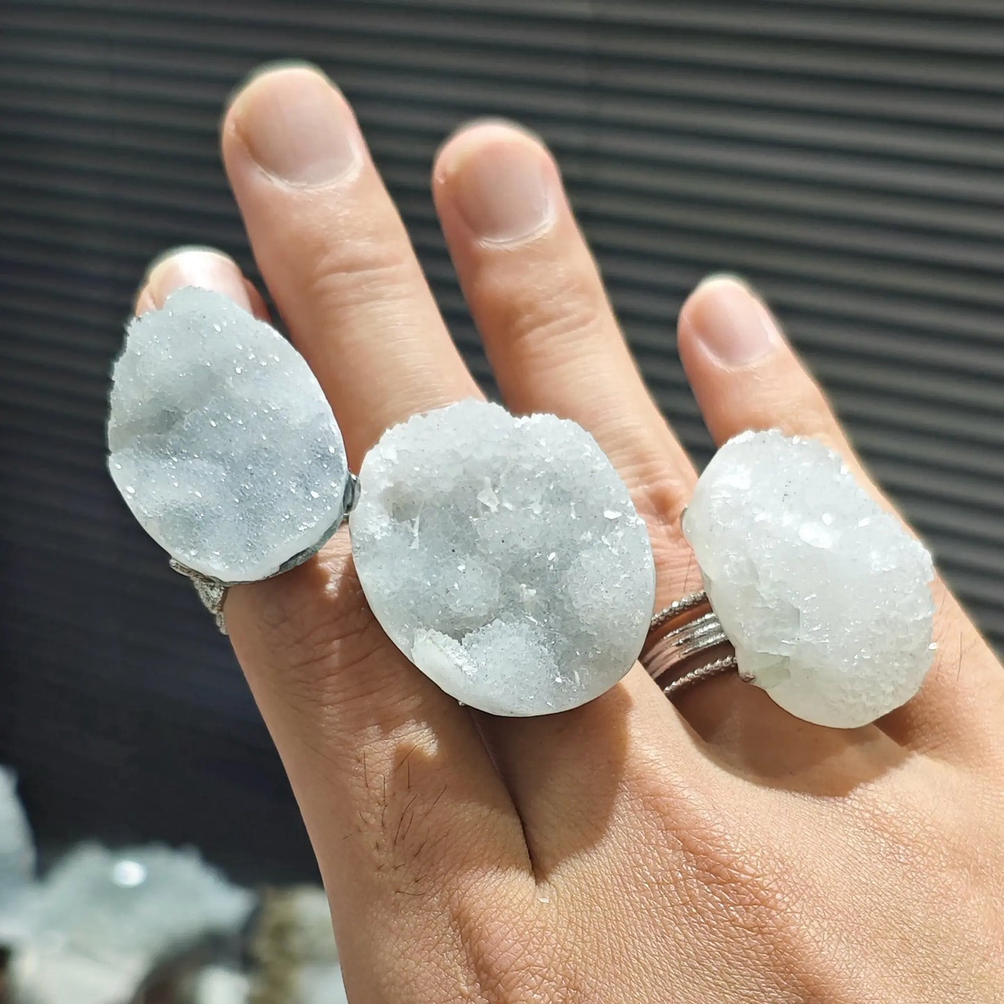 raw white quartz druzy rings capturing natural light shimmer across micro facets