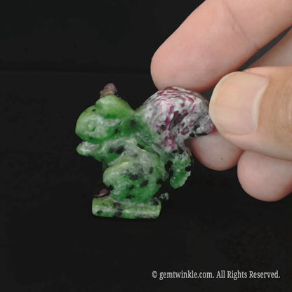 redSide look of carved natural red green stone squirrel figurine with raw green matrix and red spots-green-stone-squirrel-statue