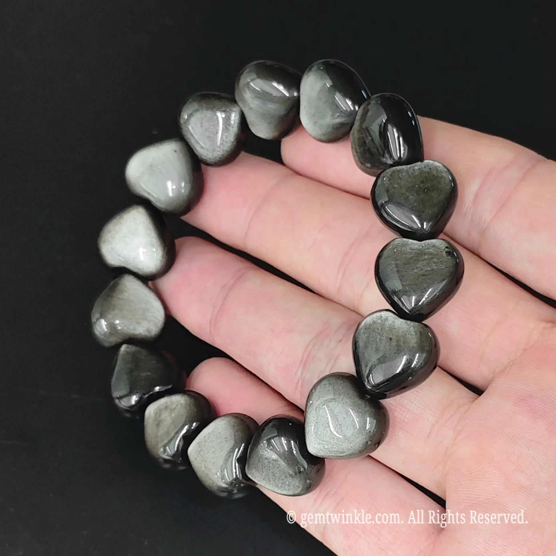 Polished Silver Flash Obsidian Puffy Heart Bead Bracelet Angle View