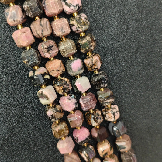 Full strands of natural rhodonite square block beads featuring pink and black matrix veins for wholesale buyers