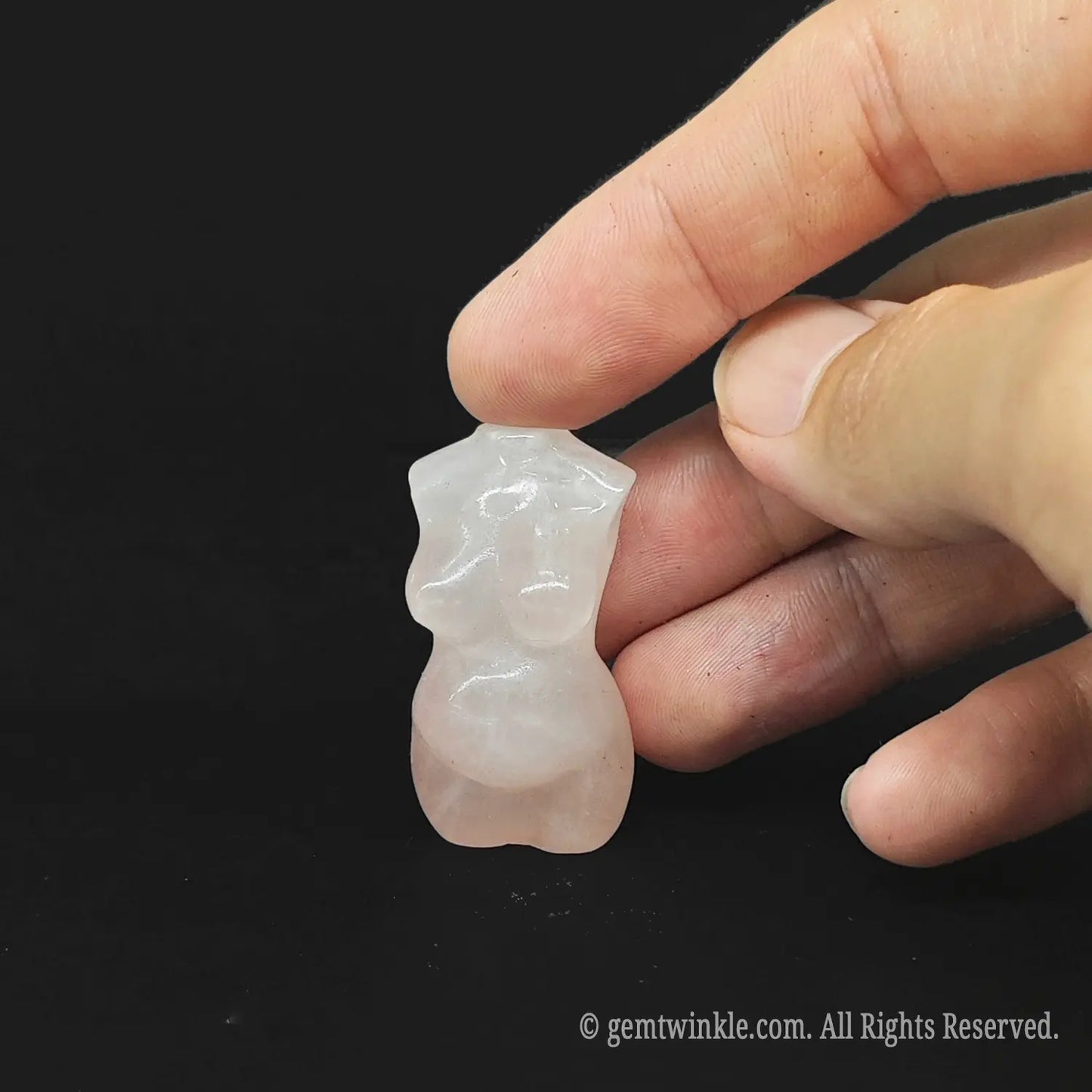 Genuine Rose Quartz pink crystal fertility altar carving in 4cm miniature scale for metaphysical gift stores.