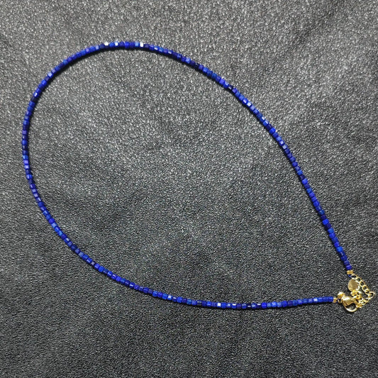 Royal Lapis Lazuli gemstone collar necklace featuring 2.5mm square cube beads and gold extension chain