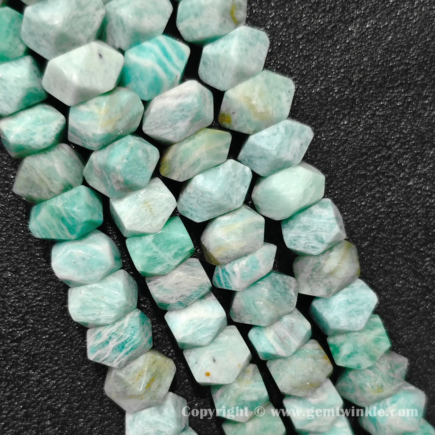 Vertical layout of seafoam teal amazonite prismatic cylinder column beads
