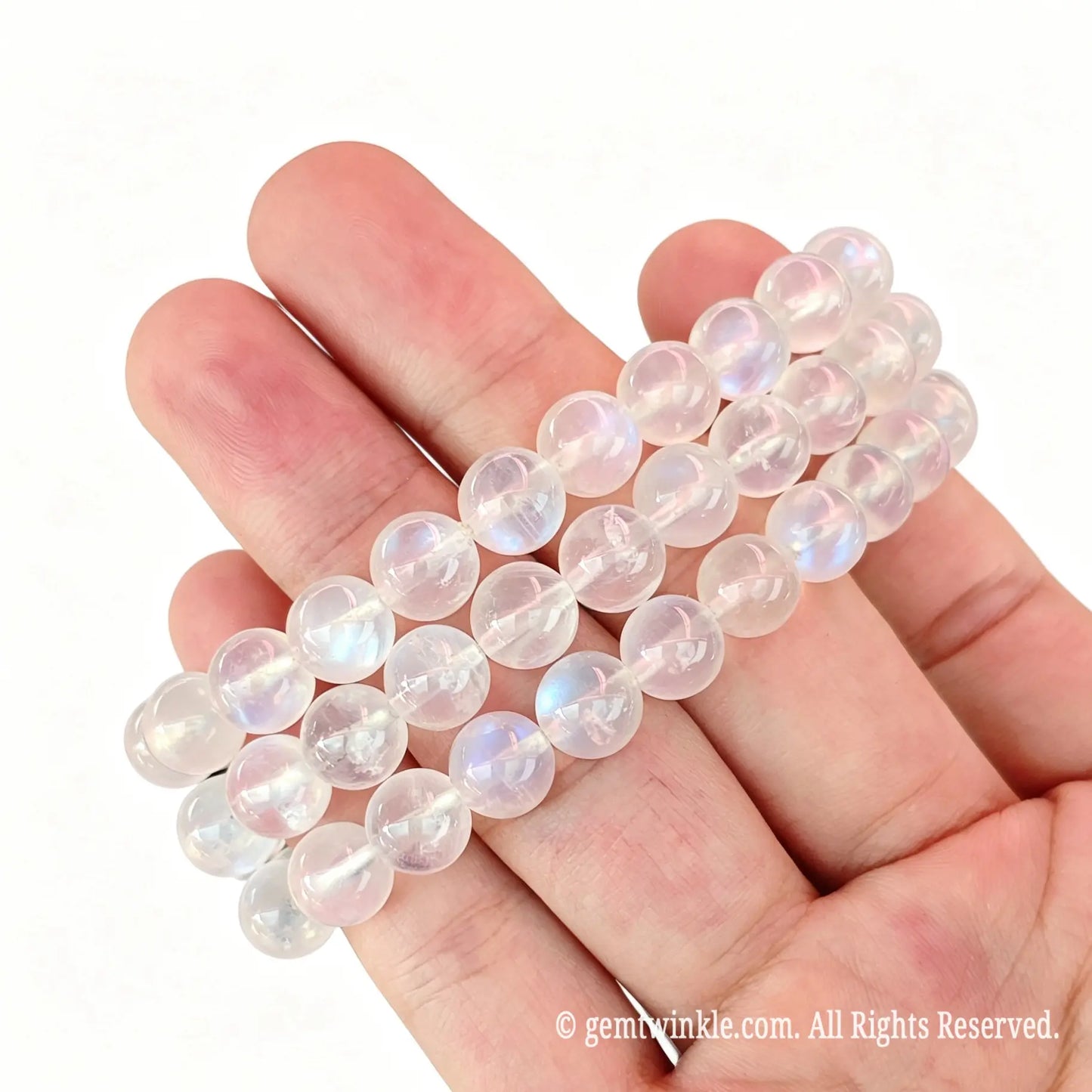 Preview of single-strand moonstone round bead bracelet showing blue adularescence shimmer