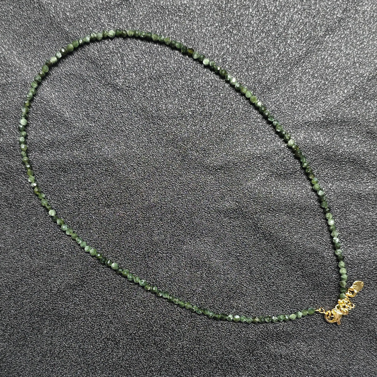 Seraphinite gemstone beaded necklace with 3mm micro cut facets and gold extender hardware