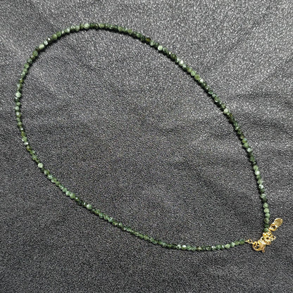 Seraphinite gemstone beaded necklace with 3mm micro cut facets and gold extender hardware