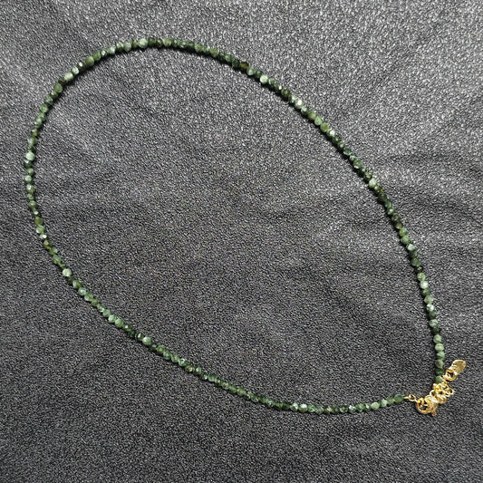 Seraphinite gemstone beaded necklace with 3mm micro cut facets and gold extender hardware