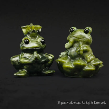 Close up front view of a serpentine stone fairy tale toad figurines set featuring the sweet princess posing with her hand to her cheek
