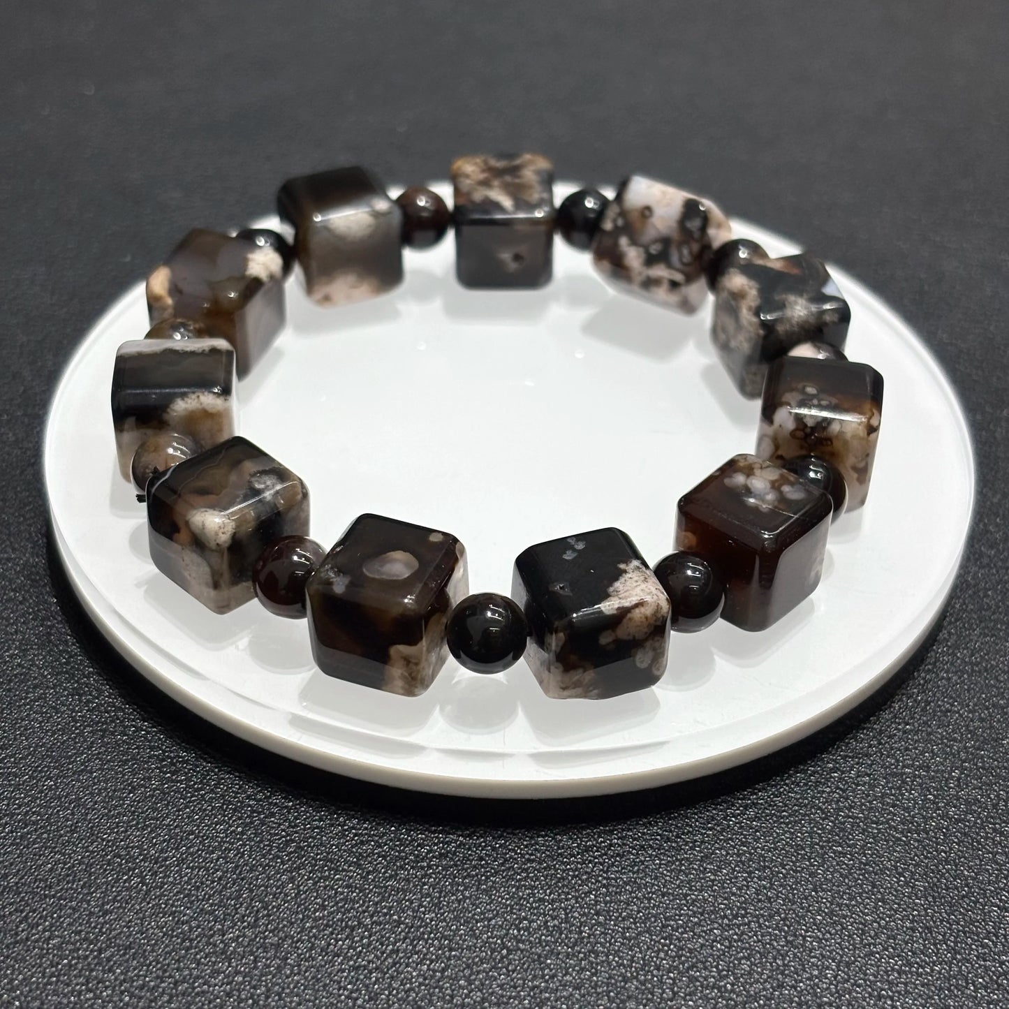 Side view of Black Sakura Agate cube bangle, 18cm length, perfect gift for her or him.