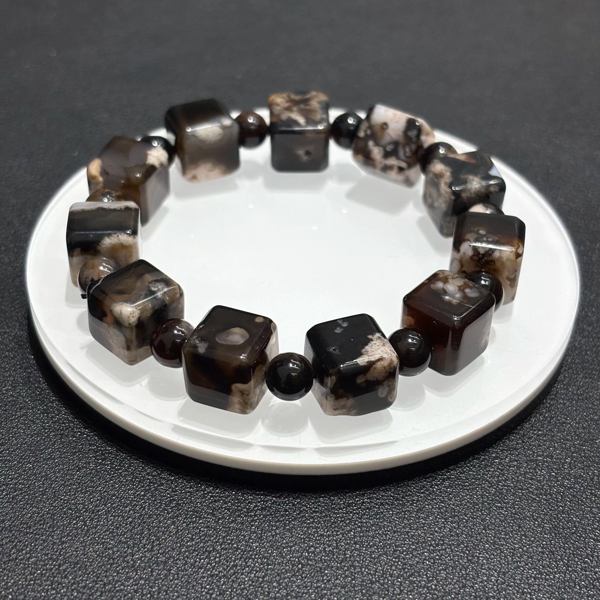 Side view of Black Sakura Agate cube bangle, 18cm length, perfect gift for her or him.