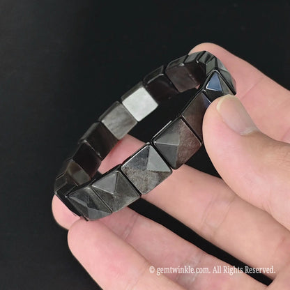 natural silver obsidian square bead pyramid cuff bracelet display in hand