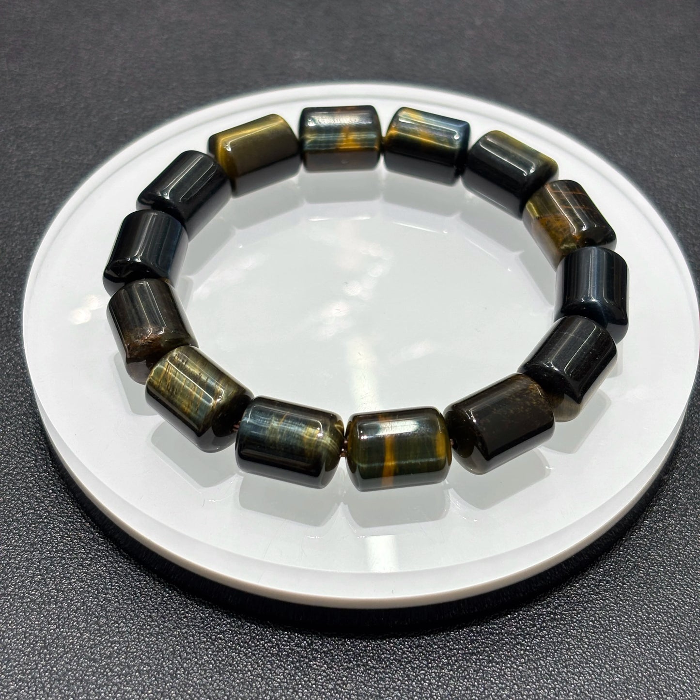 Single Natural Yellow Blue Tiger Eye Cylinder Bead Bracelet on White Plate, 10x14mm Barrel Bead, Elegant Boho Jewelry, Daily Wear