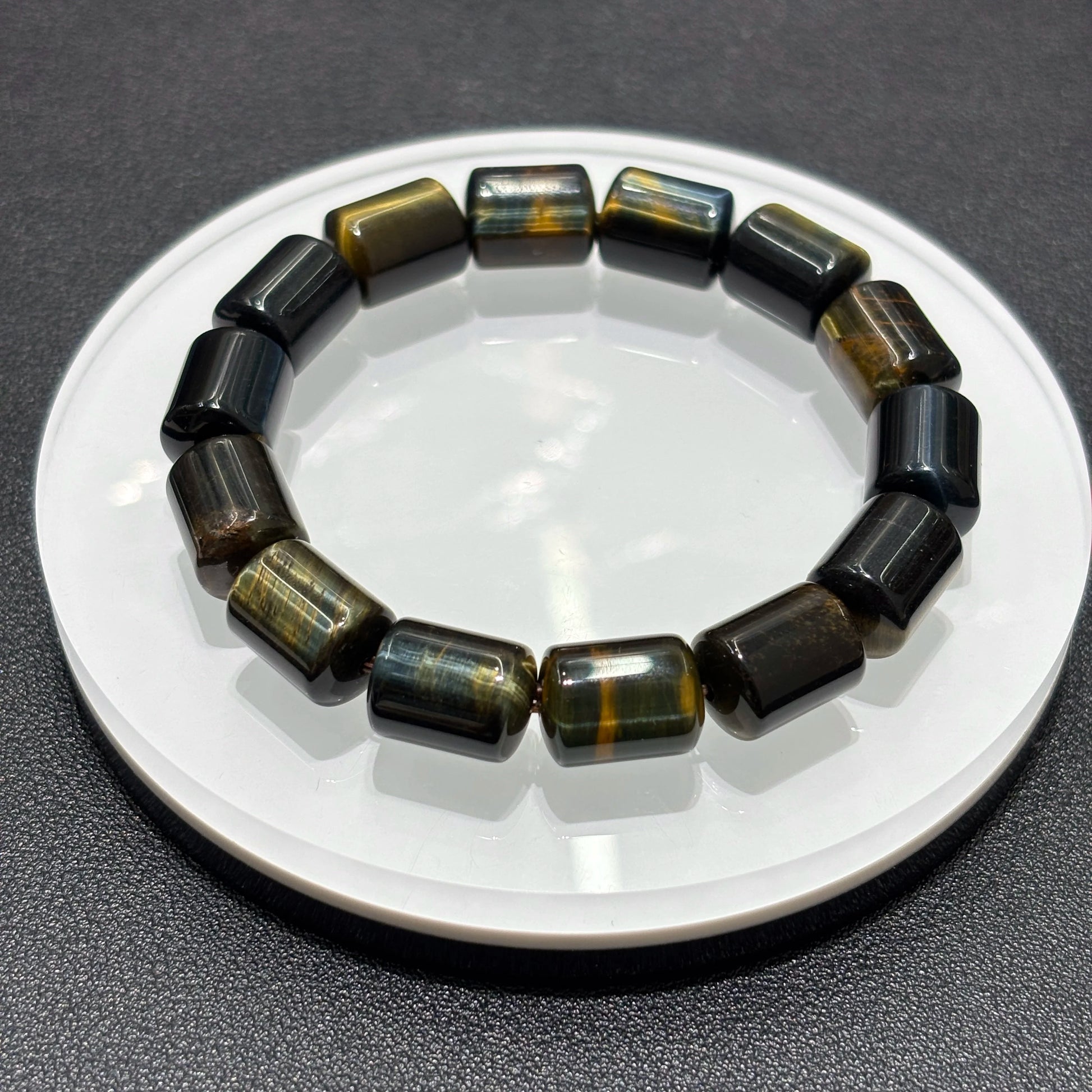 Single Natural Yellow Blue Tiger Eye Cylinder Bead Bracelet on White Plate, 10x14mm Barrel Bead, Elegant Boho Jewelry, Daily Wear