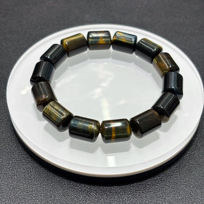 Single Natural Yellow Blue Tiger Eye Cylinder Bead Bracelet on White Plate, 10x14mm Barrel Bead, Elegant Boho Jewelry, Daily Wear