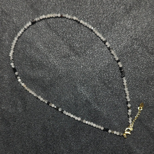 Smoky black rutilated quartz gemstone collar necklace featuring 3mm micro faceted beads and gold extension chain