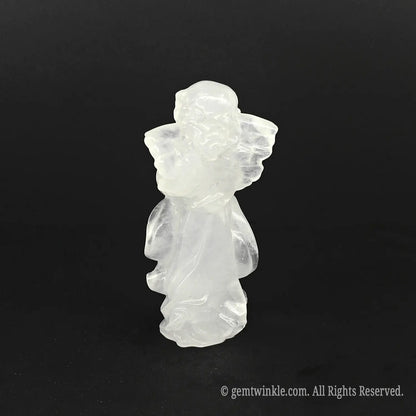 Back view of a natural snow quartz praying angel carving with finely detailed wings, highly popular as crystal housewarming gifts