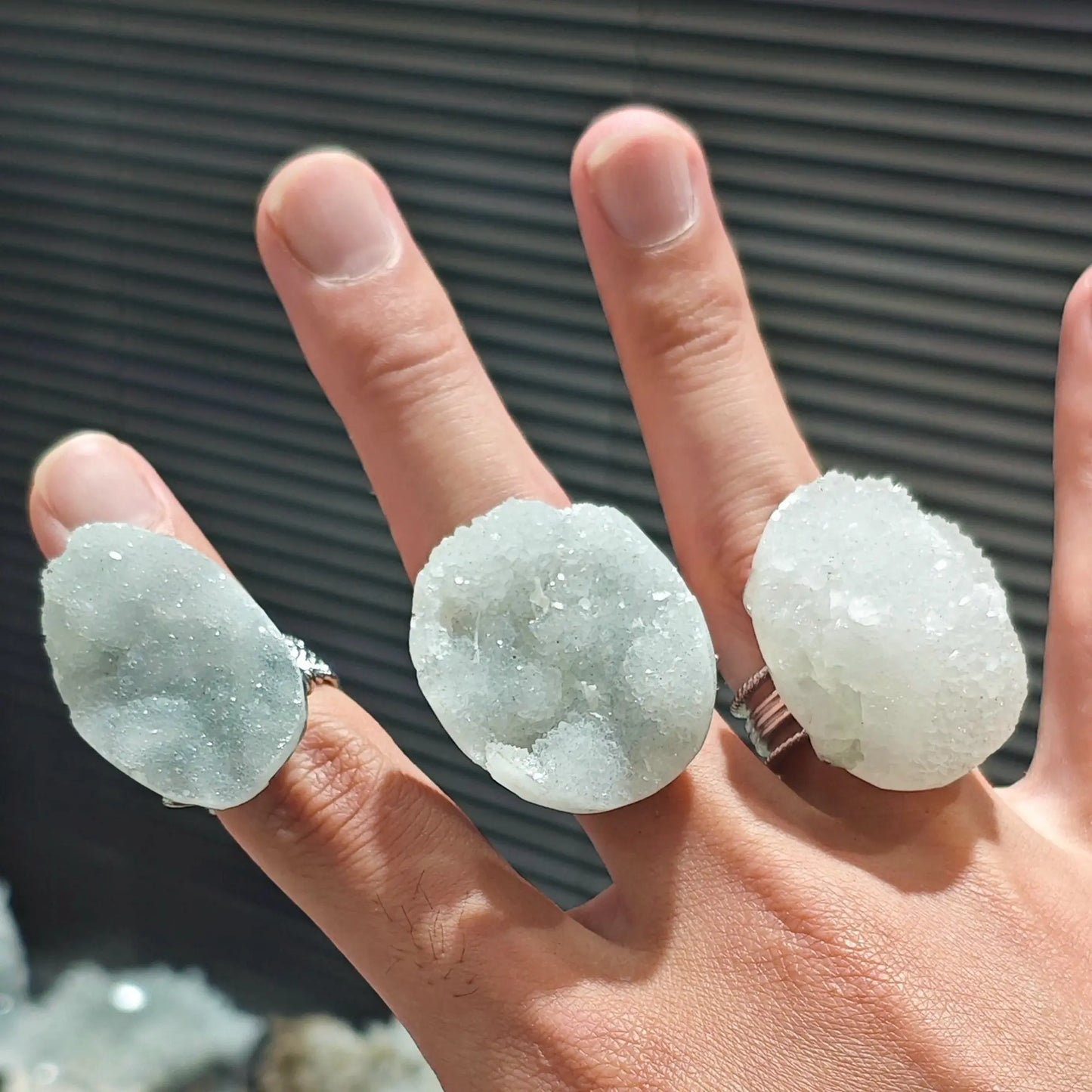 sparkly white druzy crystal statement rings displaying natural sugar quartz texture