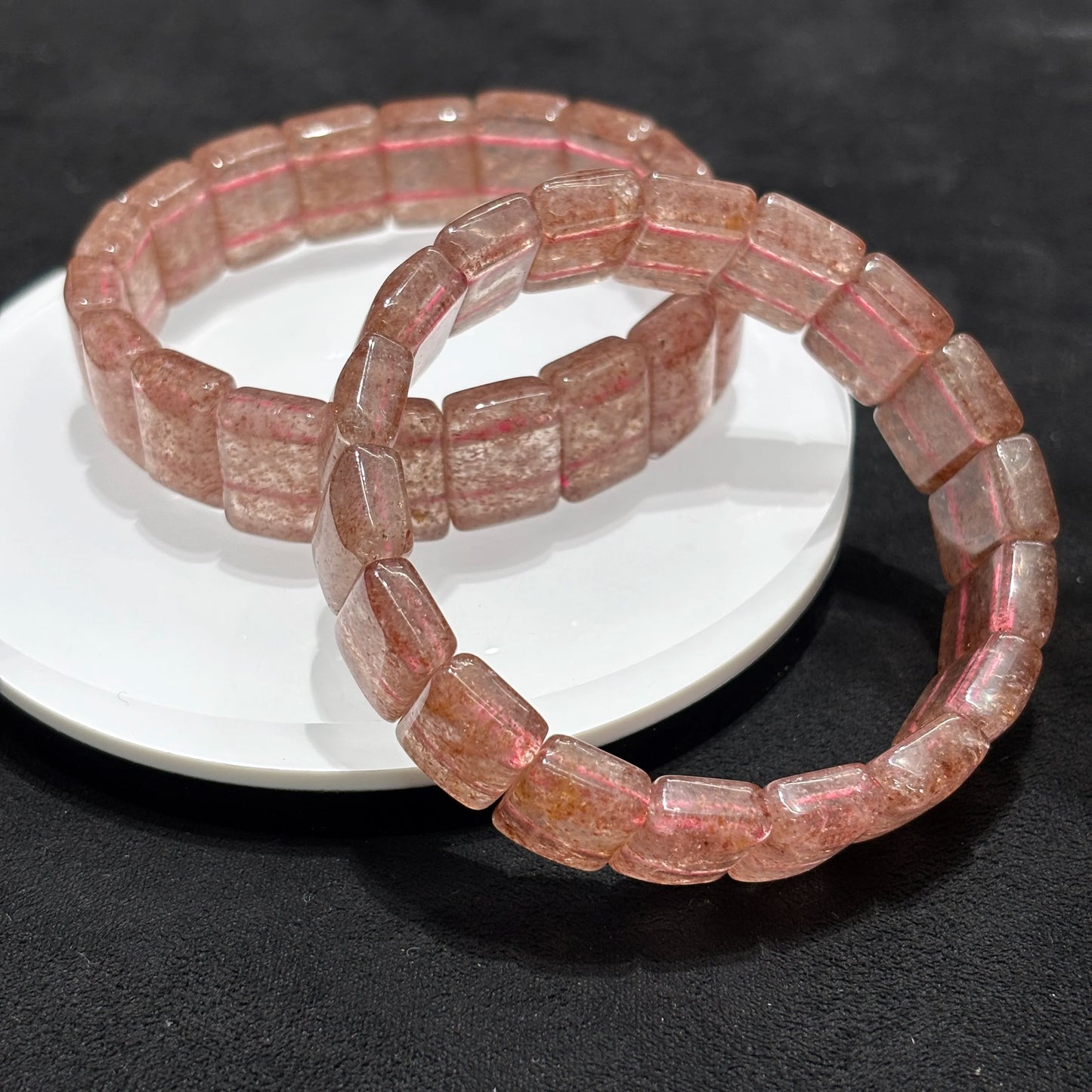 Side View of Natural Strawberry Quartz Rectangle Bead Bangle Bracelet