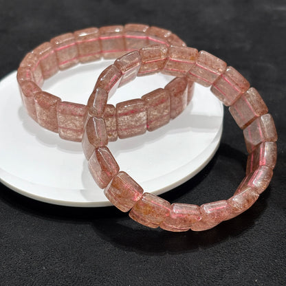 Side View of Natural Strawberry Quartz Rectangle Bead Bangle Bracelet