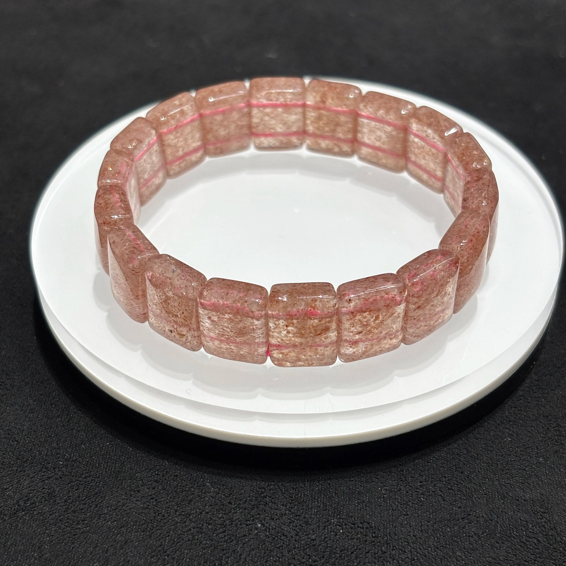 Natural Strawberry Quartz Rectangle Bead Bangle Bracelet on White Plate