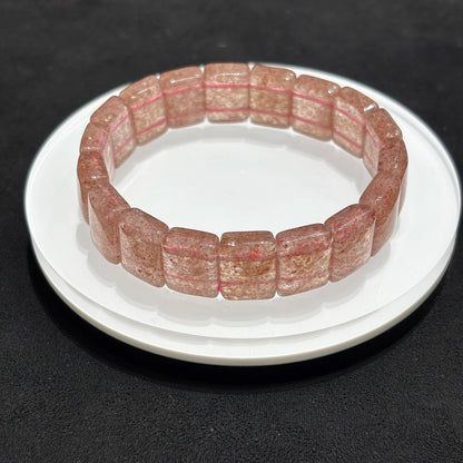 Natural Strawberry Quartz Rectangle Bead Bangle Bracelet on White Plate