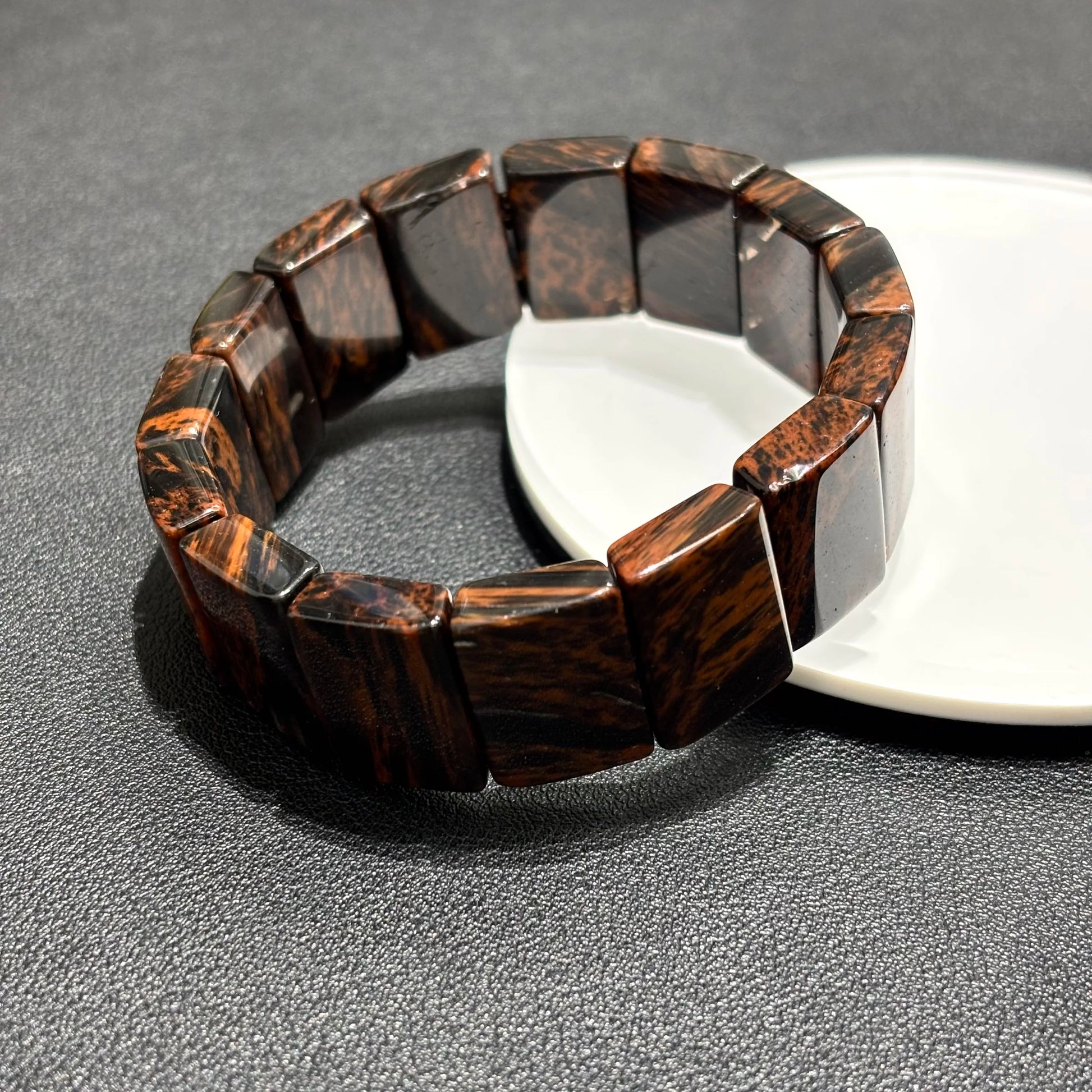 Two Natural Mahogany Obsidian Bangle Bracelets on White Plate, 18.5cm Length, 20x14mm Rectangular Beads, Souvenir Gift