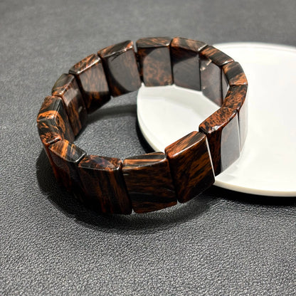 Two Natural Mahogany Obsidian Bangle Bracelets on White Plate, 18.5cm Length, 20x14mm Rectangular Beads, Souvenir Gift