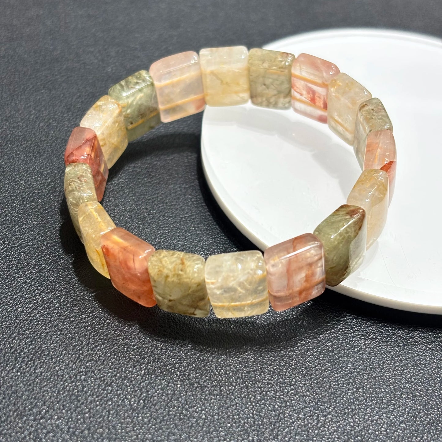 Unique Pattern Rutilated Quartz Bangle Bracelet, Natural Colorful Stone, 18cm Elastic Stretch, Cute Boho Jewelry, Bestie Gift