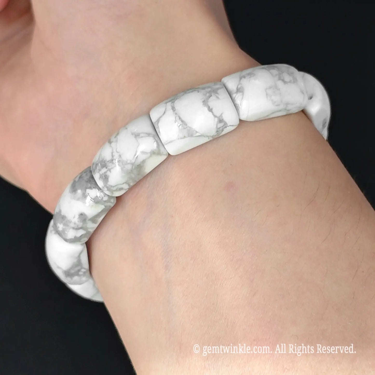 white howlite 16mm rectangular bar bead cuff bracelet worn around wrist