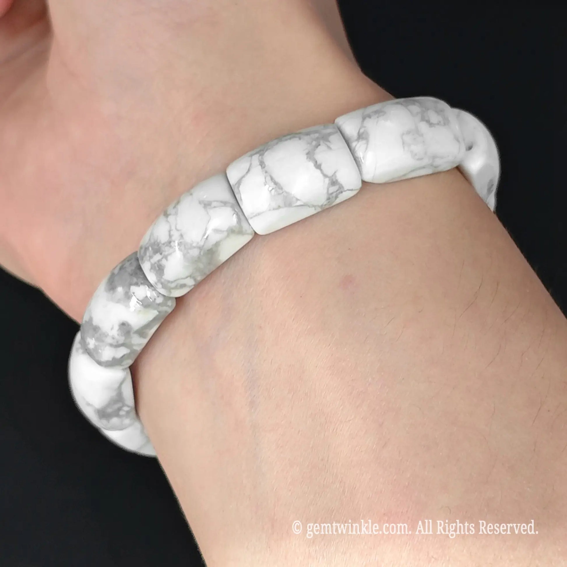 white howlite 16mm rectangular bar bead cuff bracelet worn around wrist