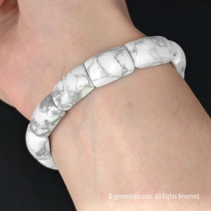 white howlite 16mm rectangular bar bead cuff bracelet worn around wrist