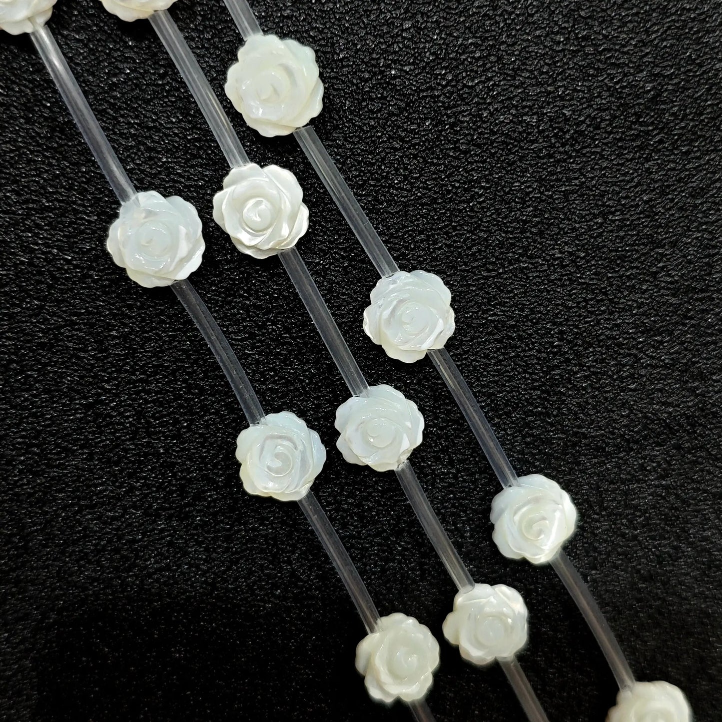 White mother of pearl rose flower carved loose beads full strand