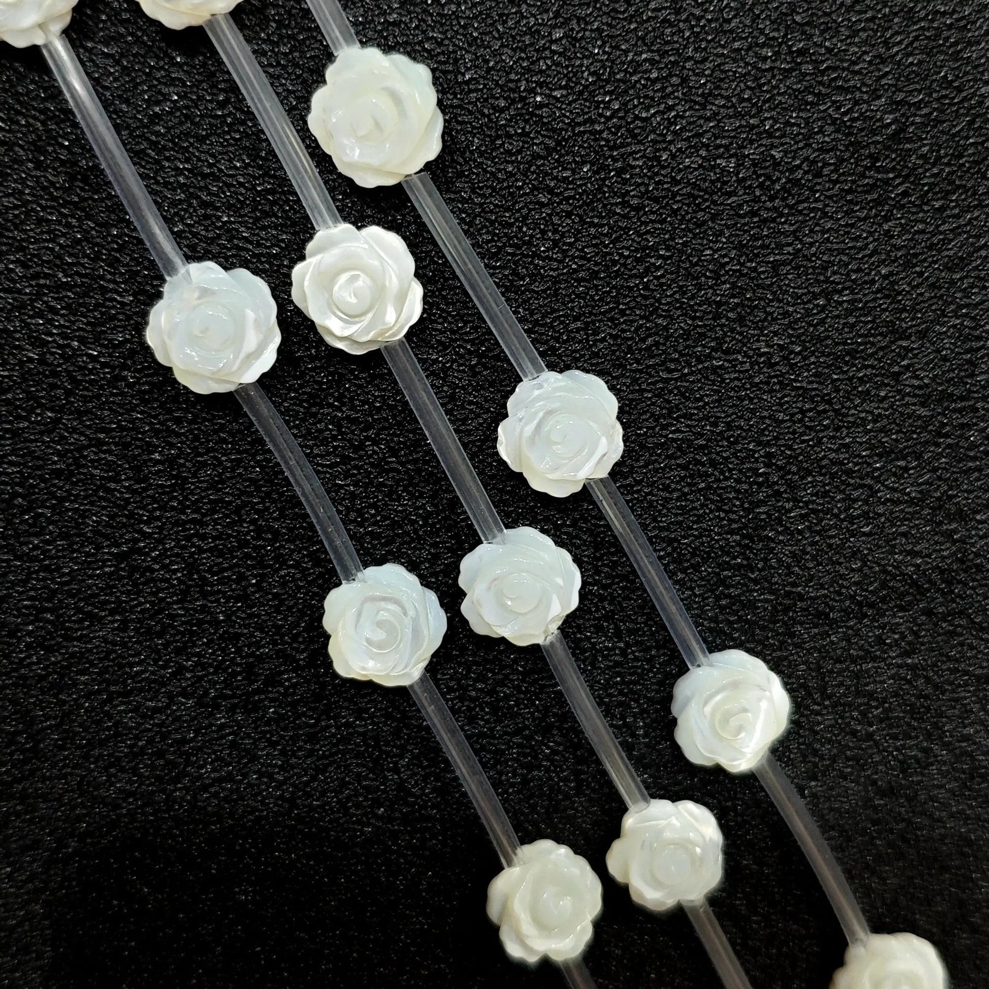 White mother of pearl rose flower carved loose beads full strand