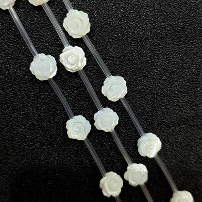 White mother of pearl rose flower carved loose beads full strand