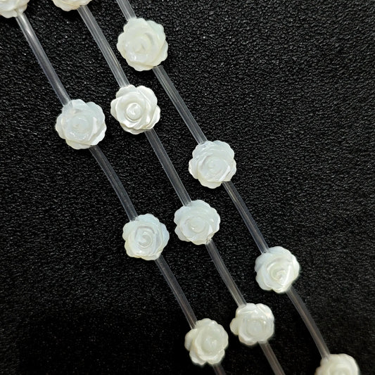 White mother of pearl rose flower carved loose beads full strand