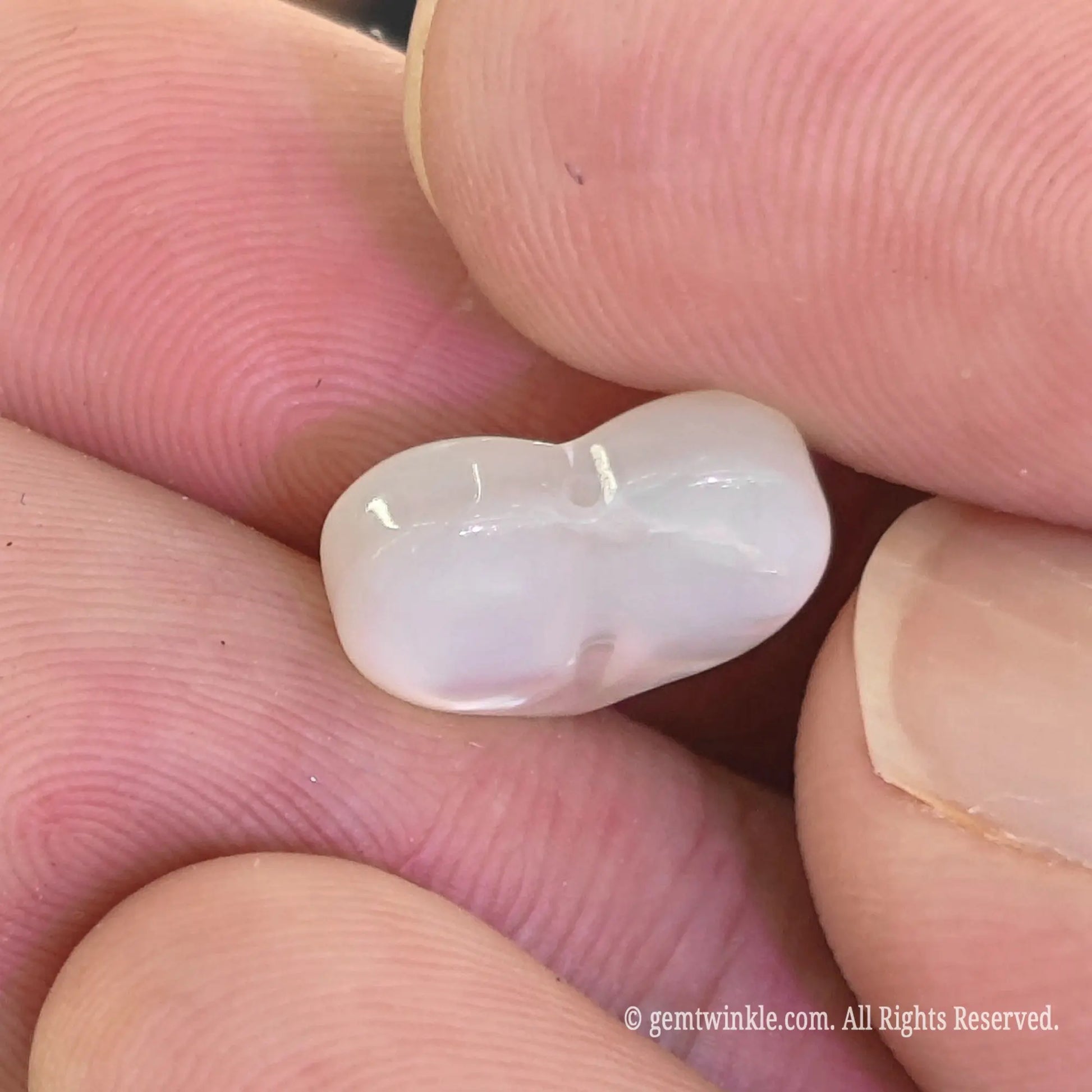 White lip shell heart focal bead side profile showing smooth 3d puffy contours and natural shell thickness