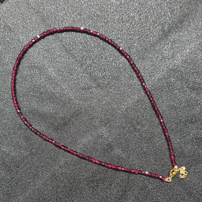 Wholesale Red Garnet gemstone necklace featuring 3mm square cube beads and gold extension chain