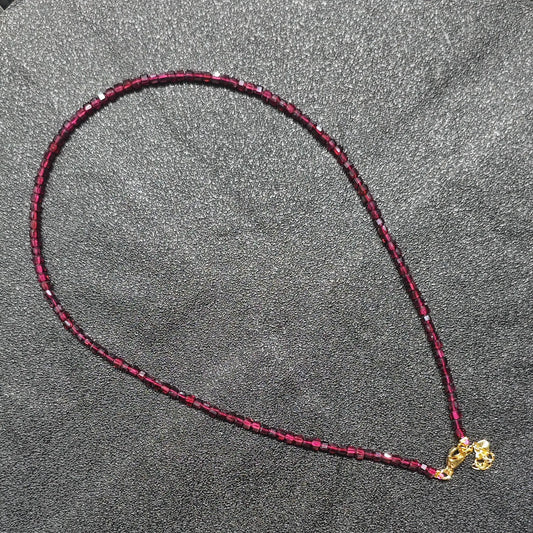 Wholesale Red Garnet gemstone necklace featuring 3mm square cube beads and gold extension chain