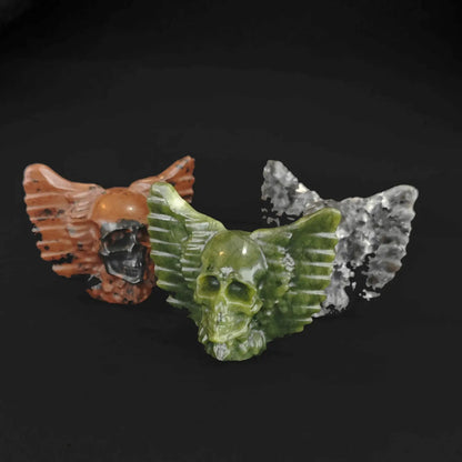Serpentine, Red Obsidian and Grey Spotted Stone winged skull collection