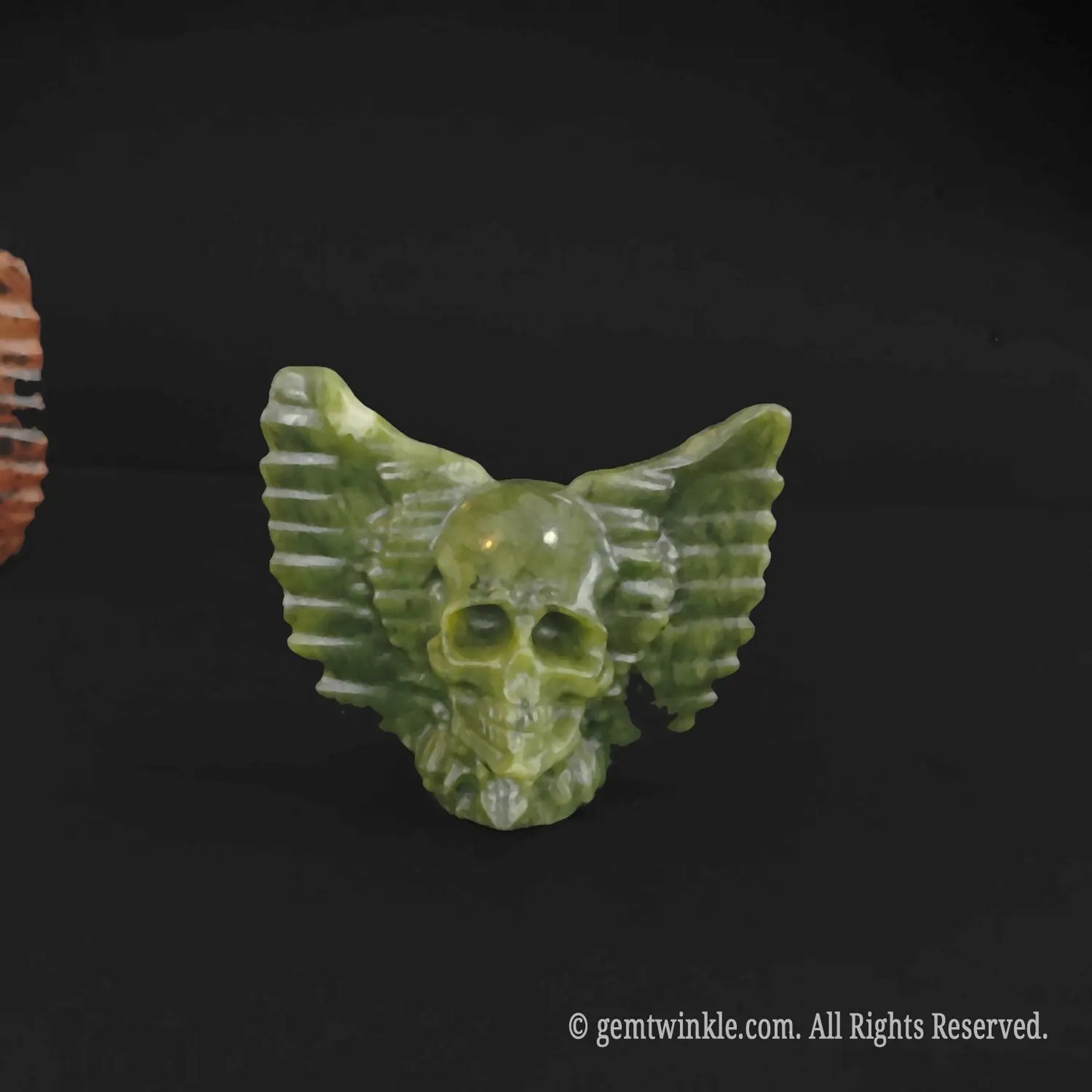 Close up front view of serpentine winged skull statue
